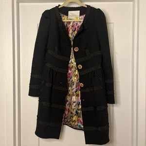 Leifsdottia black button down overcoat with silk interior & velvet pockets